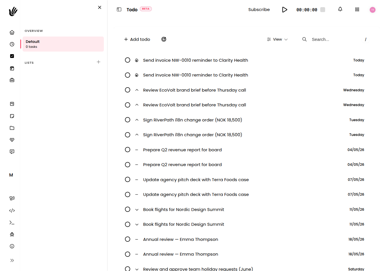 To-do list with priorities and due dates in Heyweek